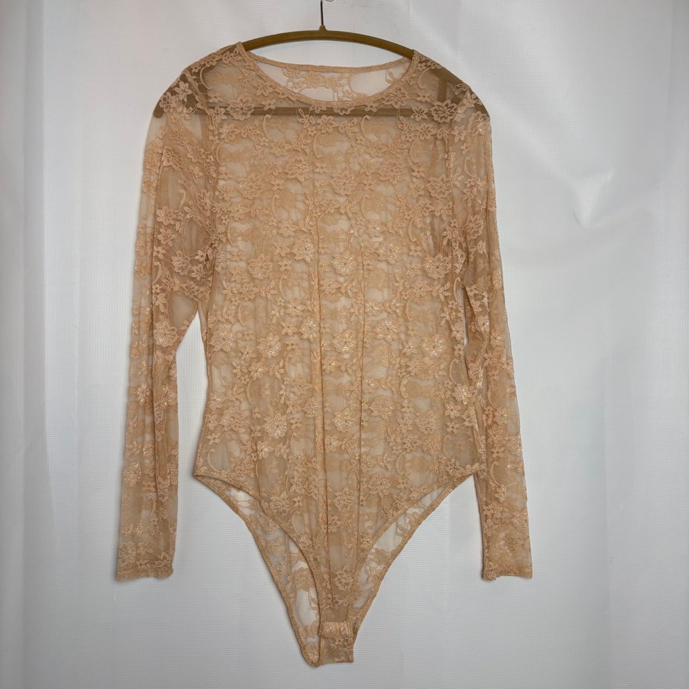 Sheer Lace Bodysuit L/S Tan Floral‎ Mesh Teddy Women's M Romance Coquette Fairy